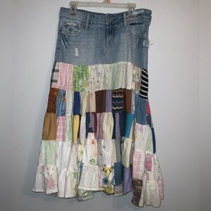 Upcycled Vintage AEO Bohemian Multicolored Patchwork Denim Skirt Sz 8 Regular